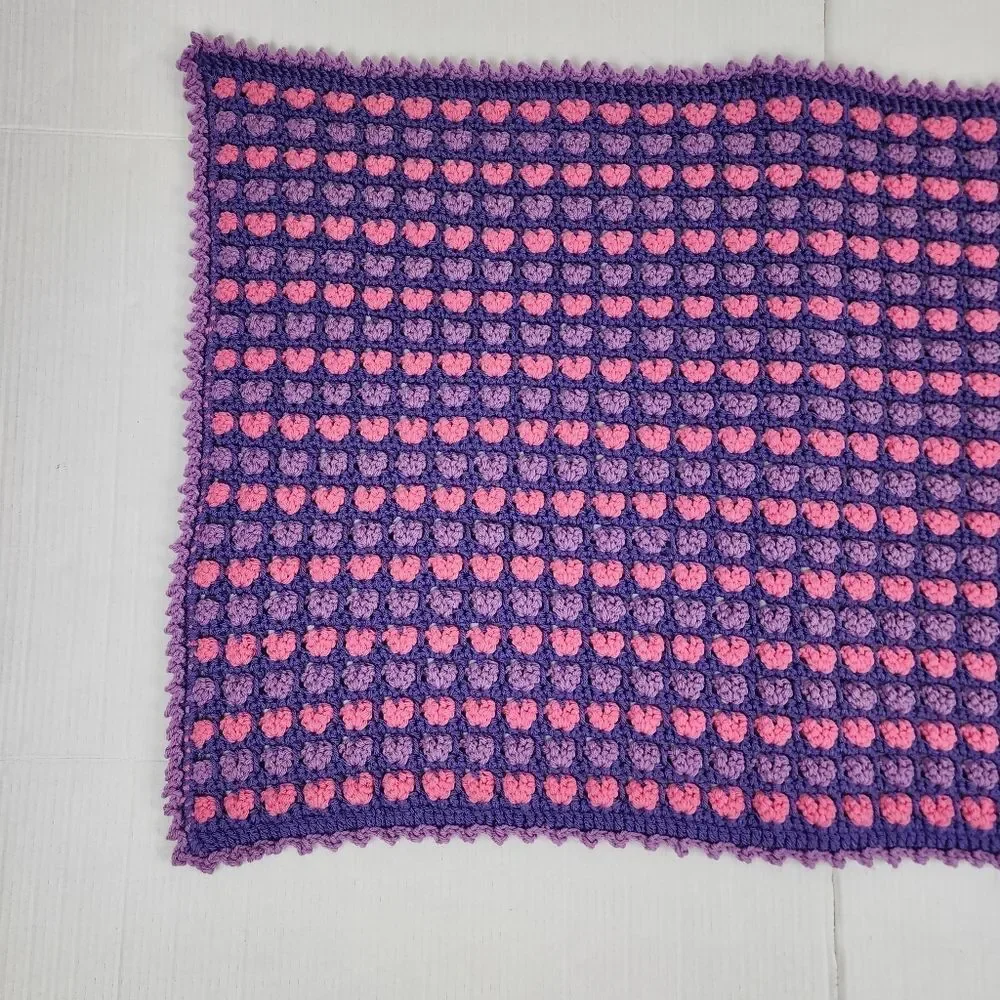 New Handmade Crochet Heart Lap Blanket Purple & Pink Ombre Hearts Trow